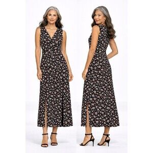 J.Jill Wearever Womens Large Black Floral Sleeveless Maxi Dress with Slits NEW